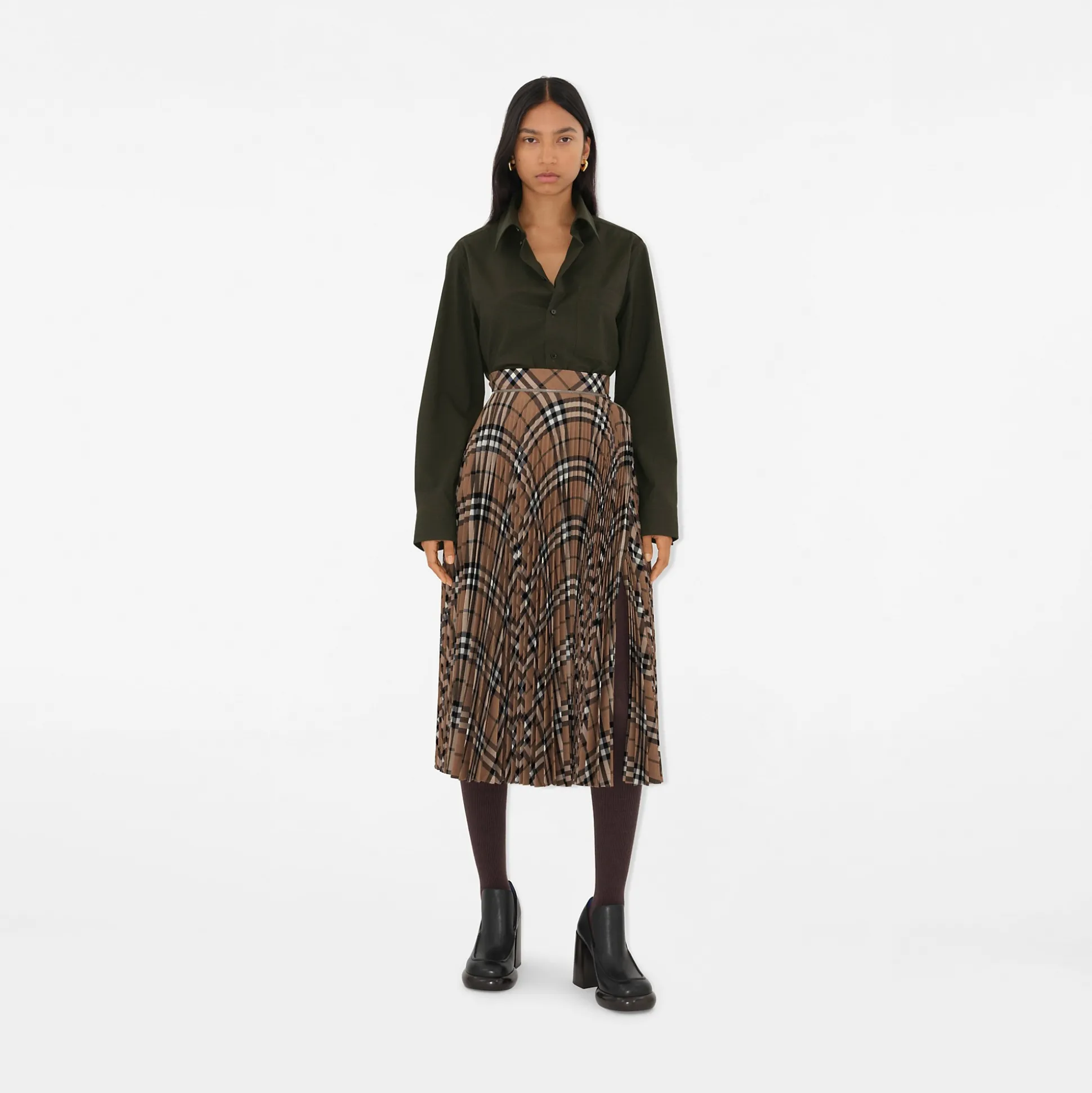 Outlet Burberry Pleated Check Wool Blend Midi Skirt Linden