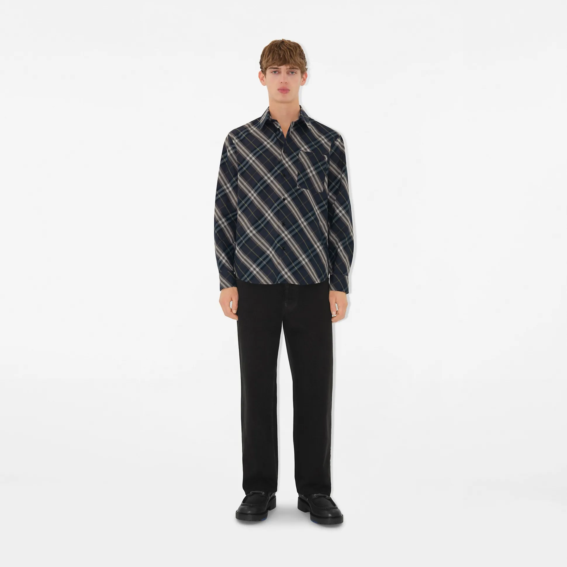 Outlet Burberry Relaxed Fit Check Cotton Shirt Indigo