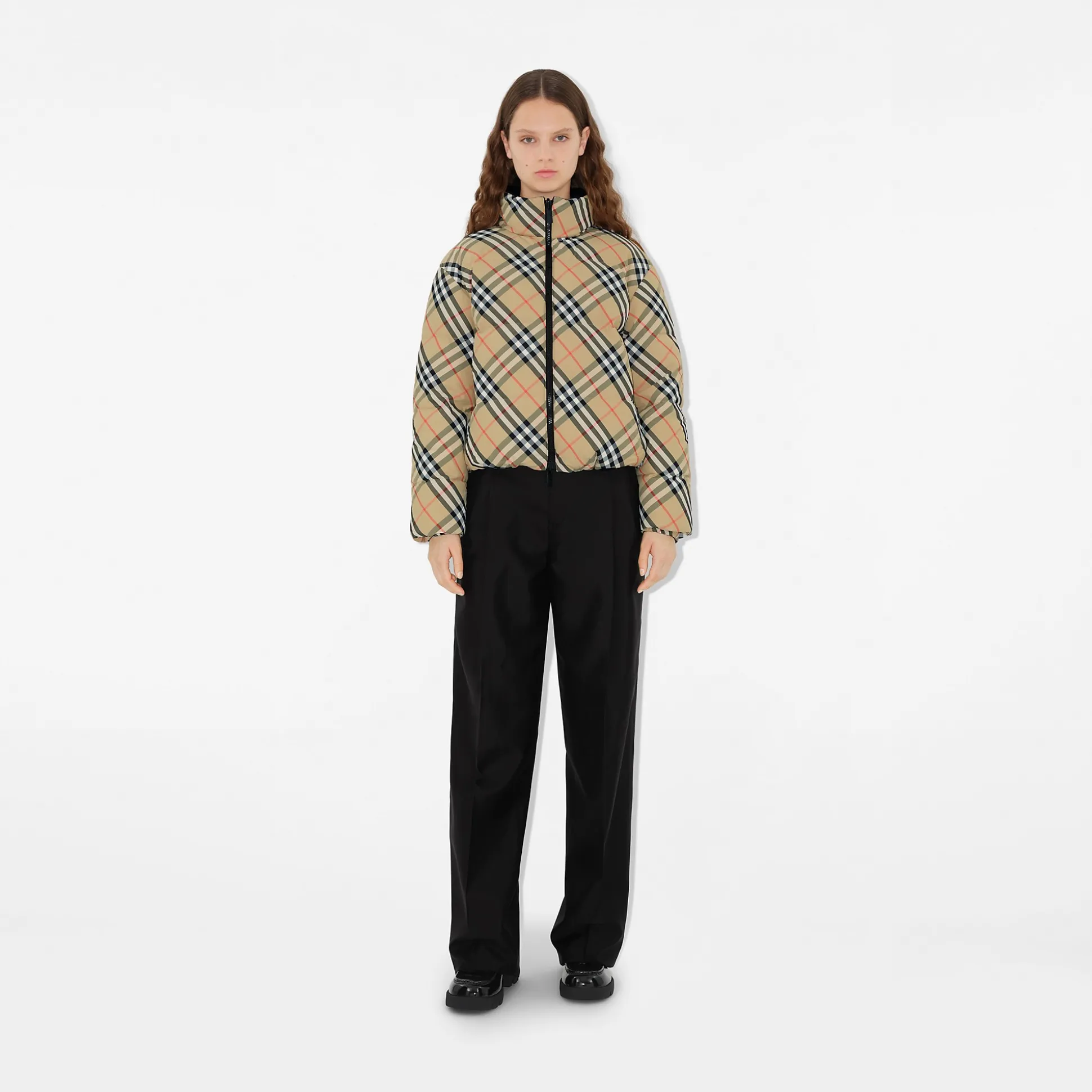 Shop Burberry Reversible Check Nylon Ambleside Puffer Jacket Sand