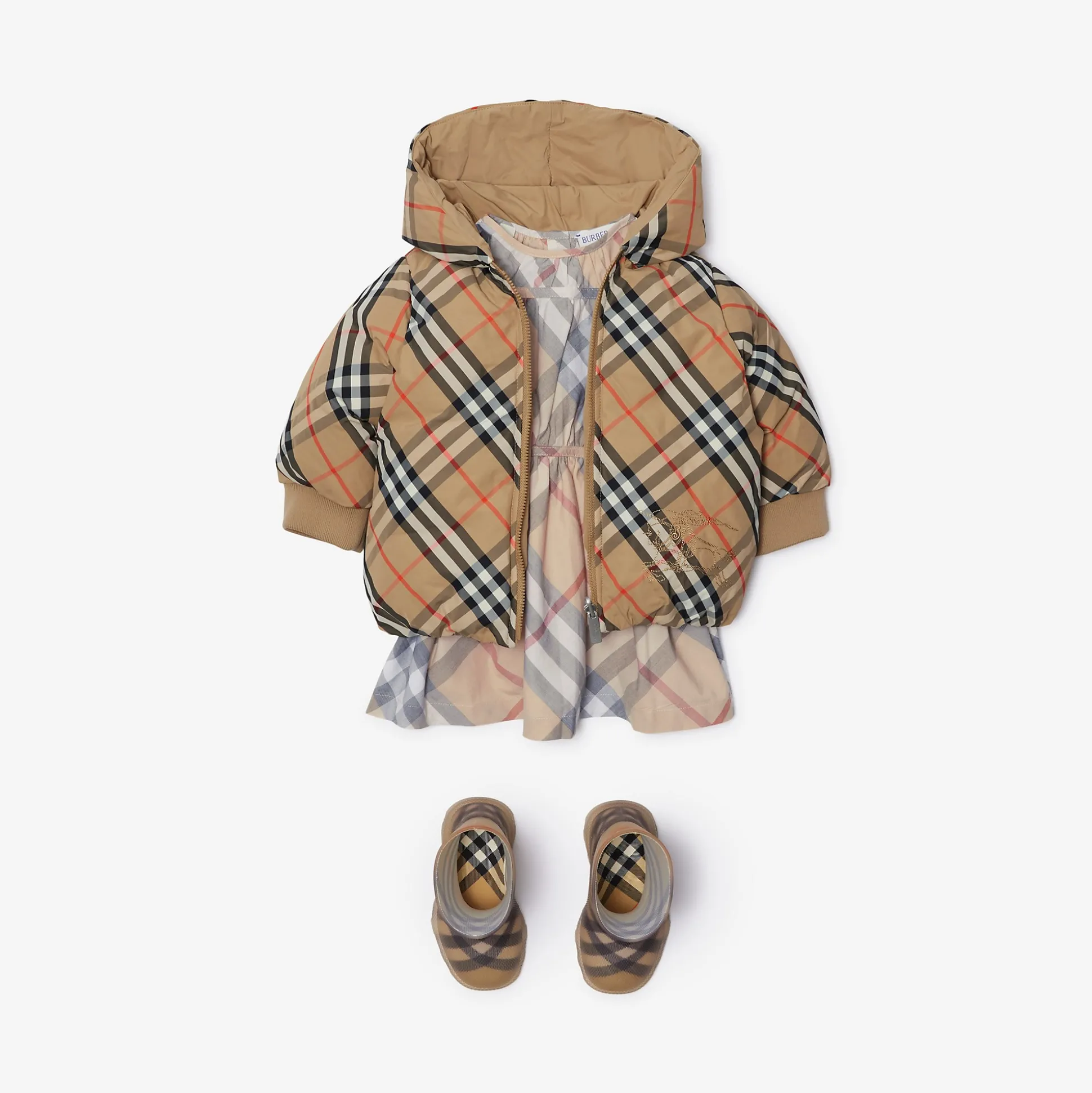 Outlet Burberry Reversible Check Nylon Puffer Jacket Sand