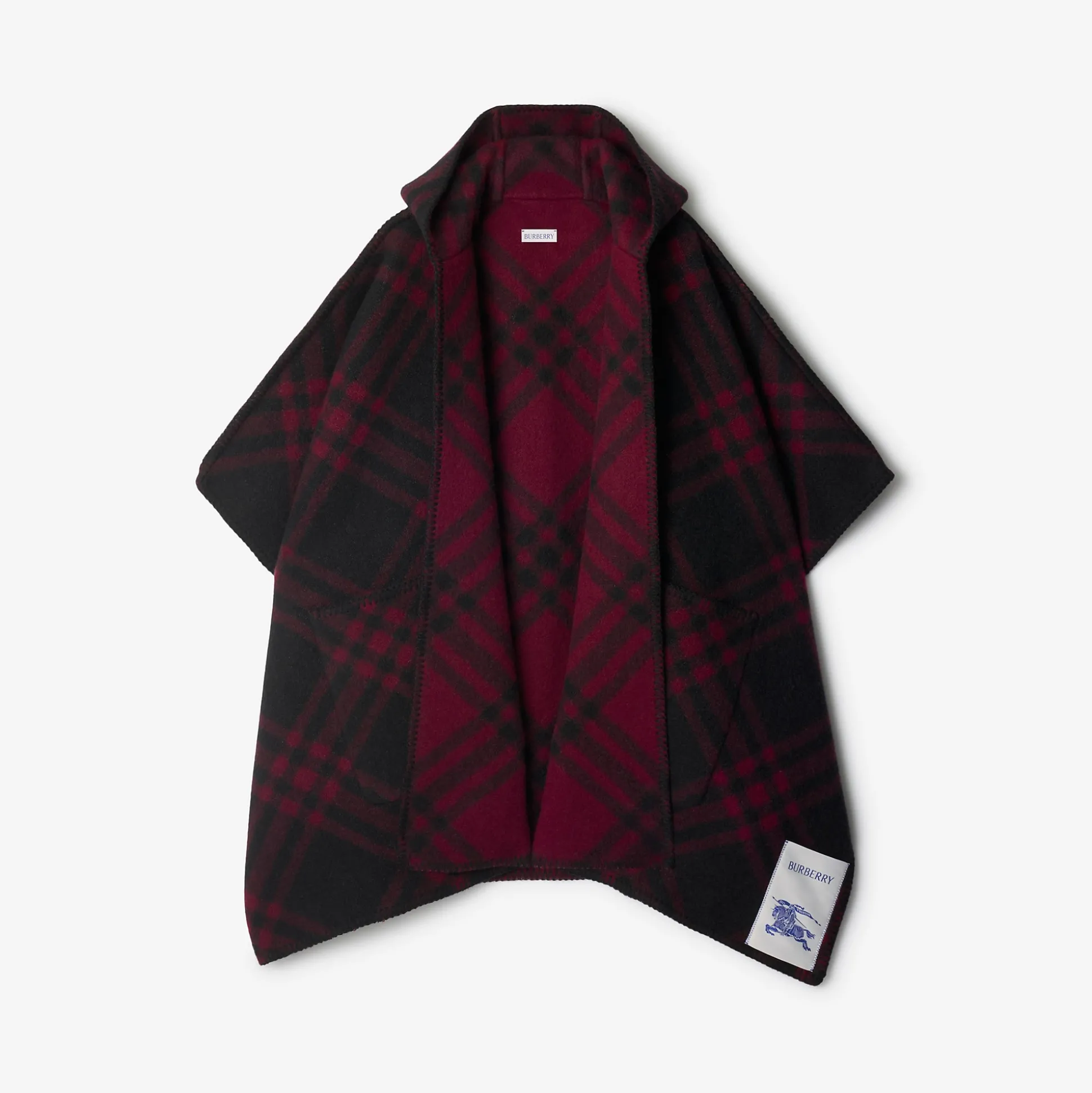 New Burberry Reversible Check Wool Cape Cranberry