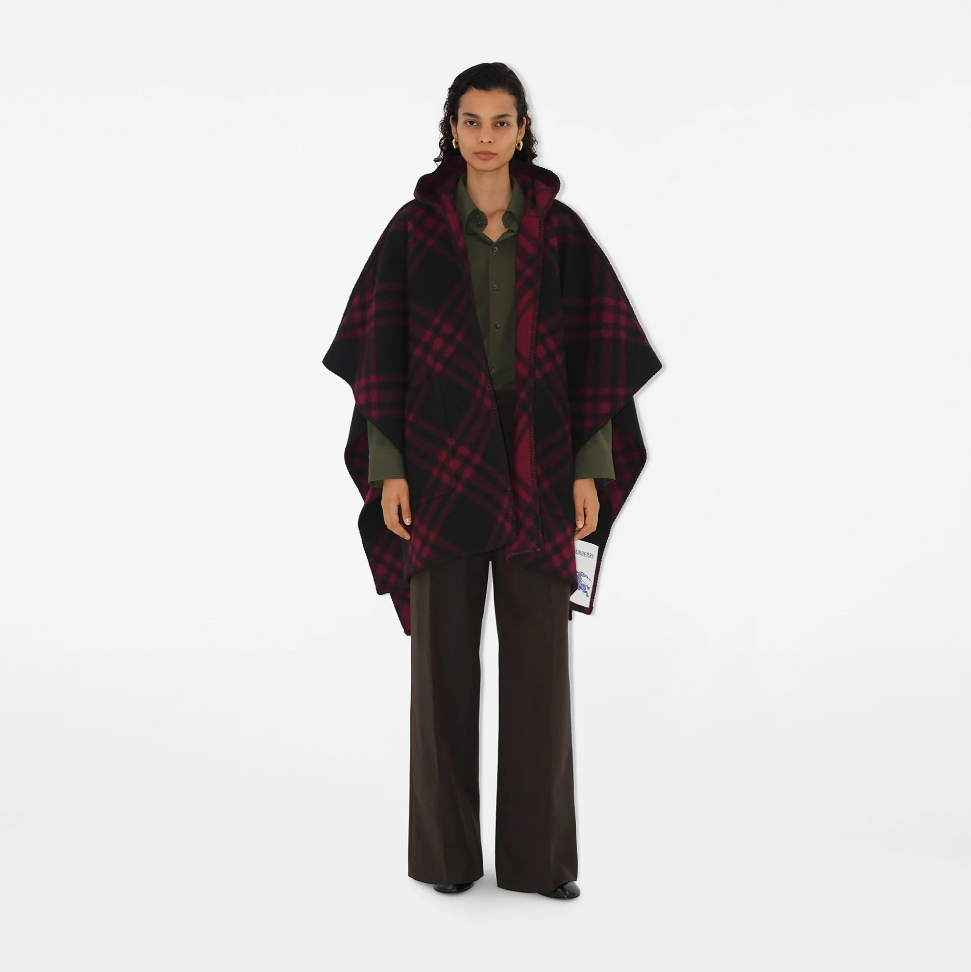 New Burberry Reversible Check Wool Cape Cranberry