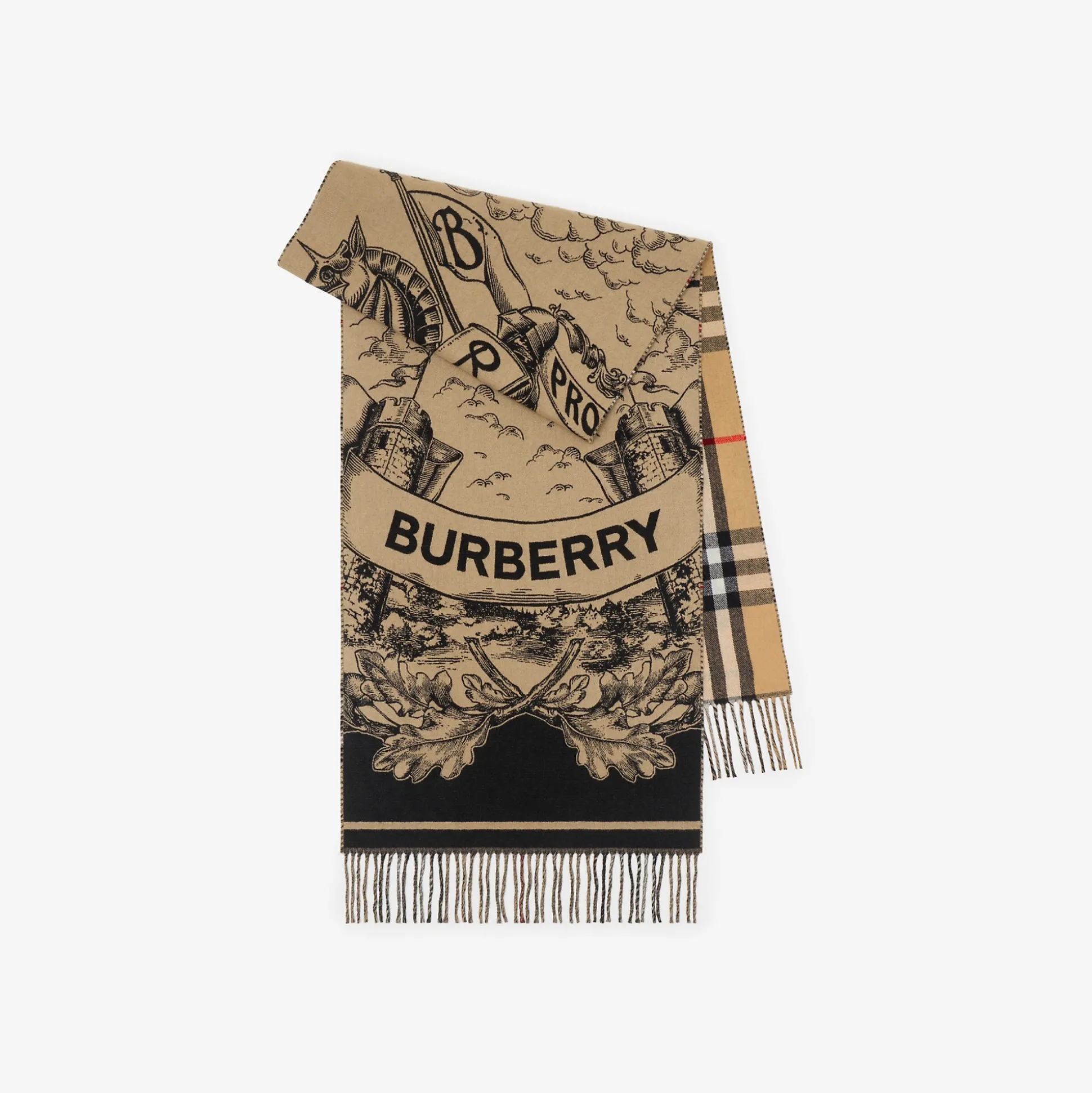 Outlet Burberry Reversible EKD Cashmere Scarf Archivebeige