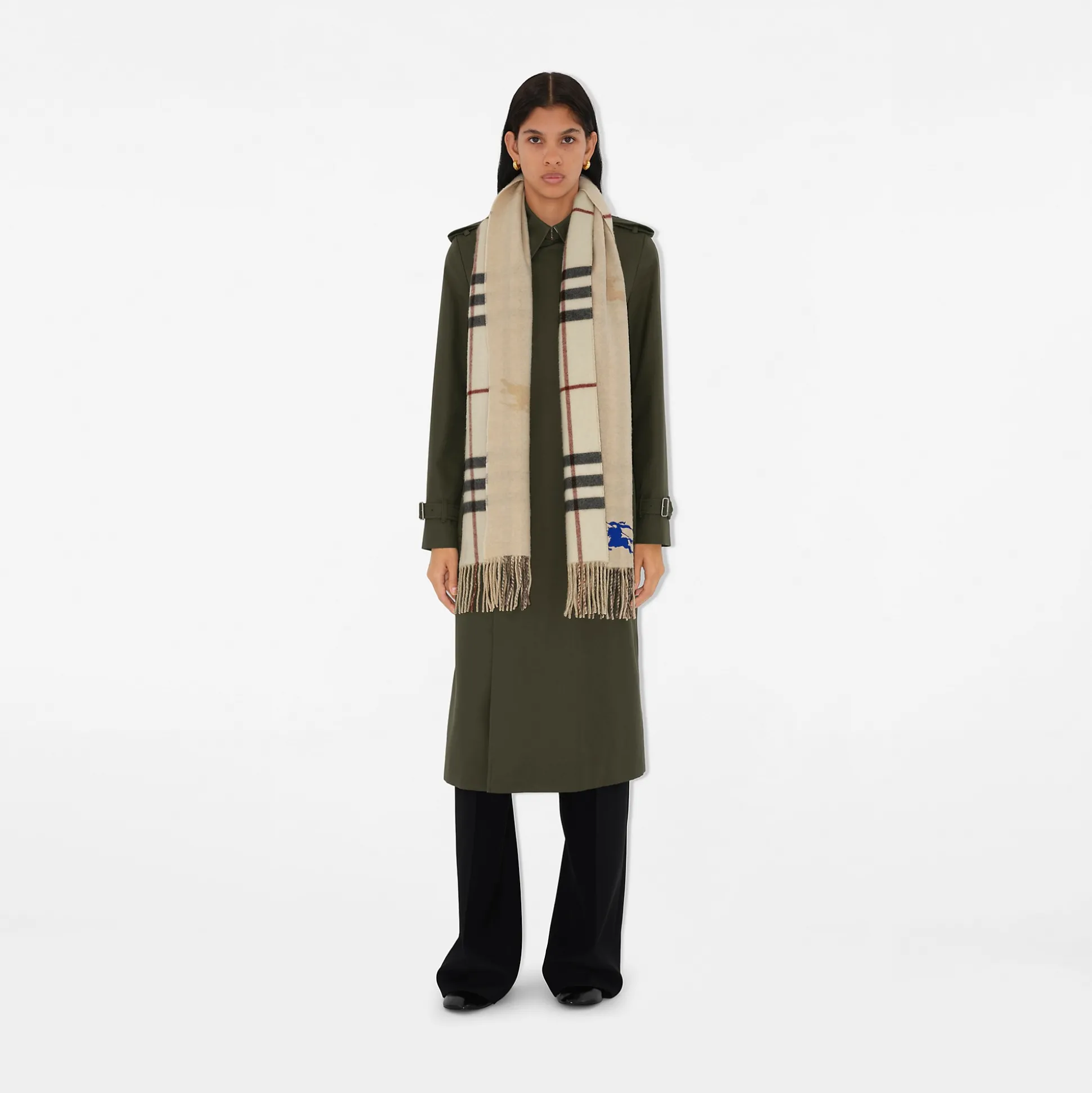 Shop Burberry Reversible EKD Check Cashmere Scarf Stone