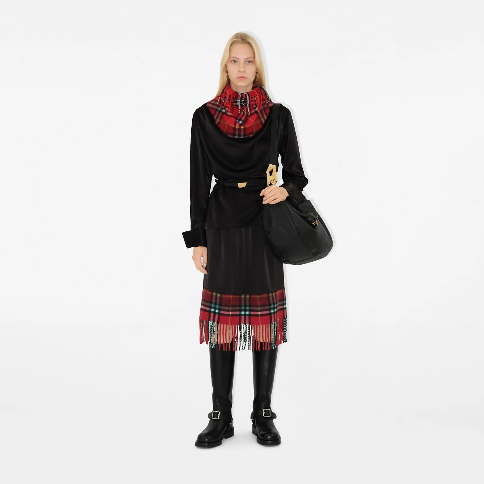 Sale Burberry Satin and Check Scarf Skirt Black