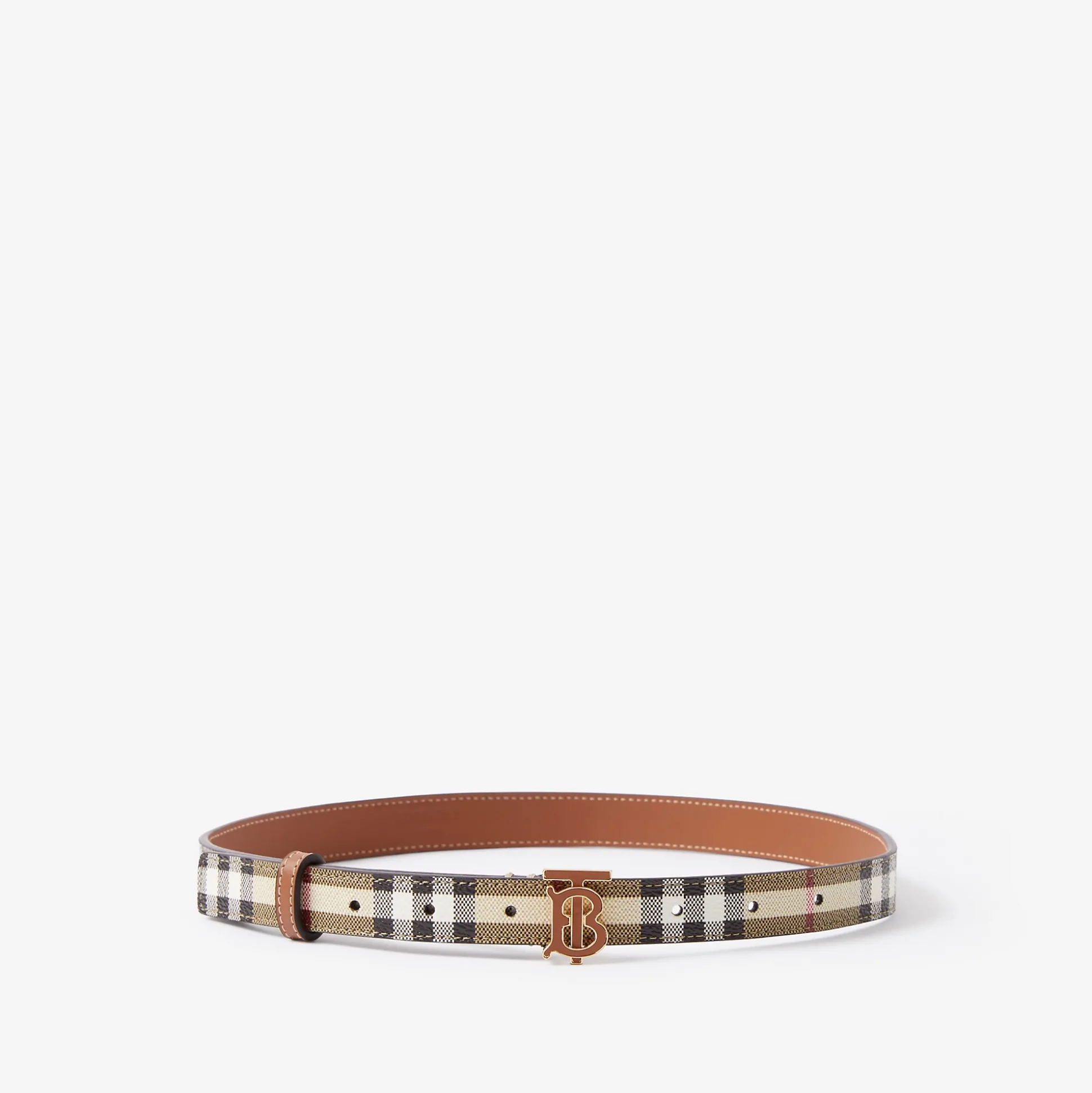 New Burberry Thin Check TB Belt Archivebeige/briarbrown