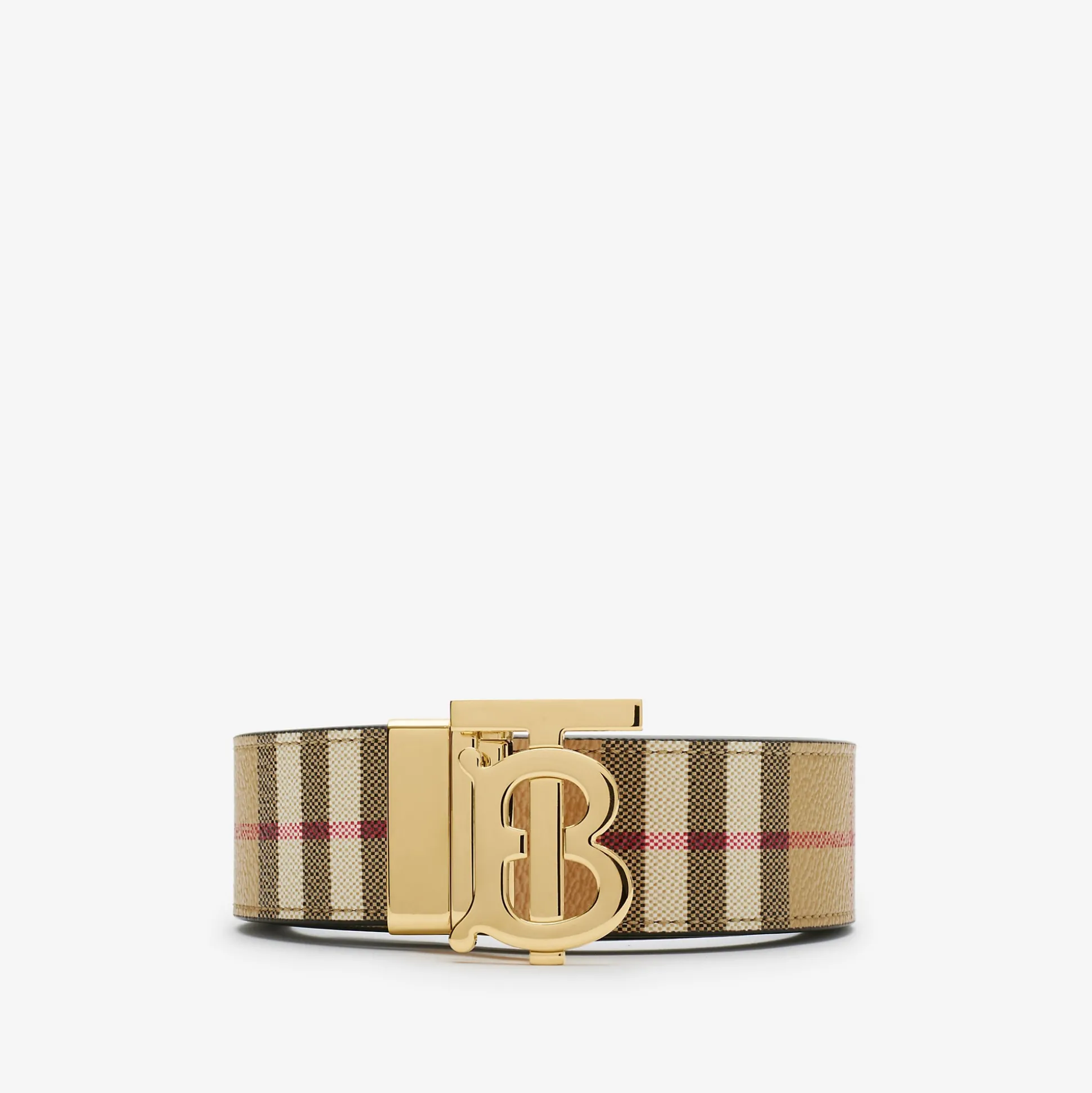 Outlet Burberry Thin Reversible Check TB Belt Archivebeige/gold