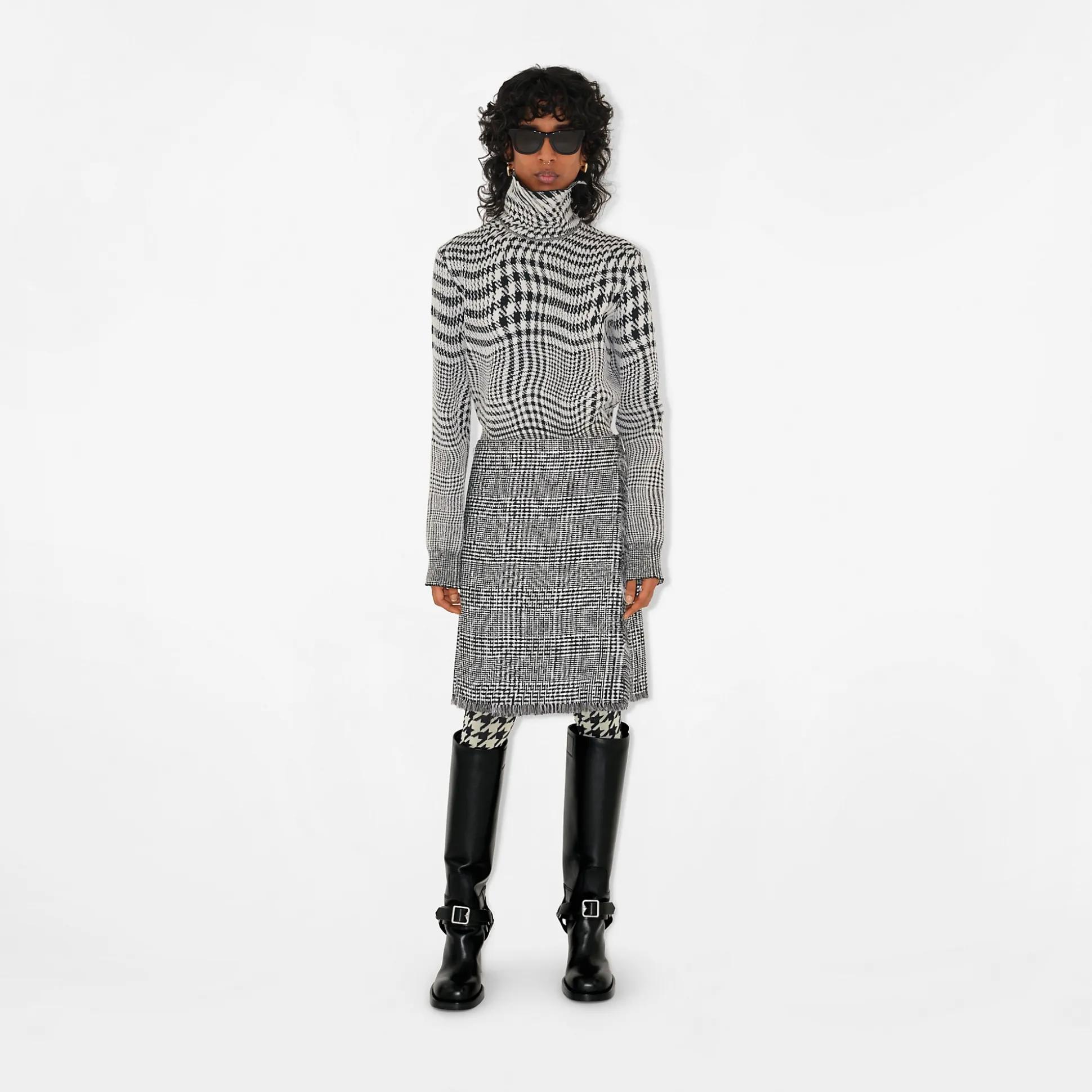 Shop Burberry Warped Houndstooth Wool Blend Sweater Monochrome